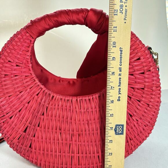SCOOP Red Basket Handbag Round Woven Purse With Decorative Scarf - Picture 6 of 8
